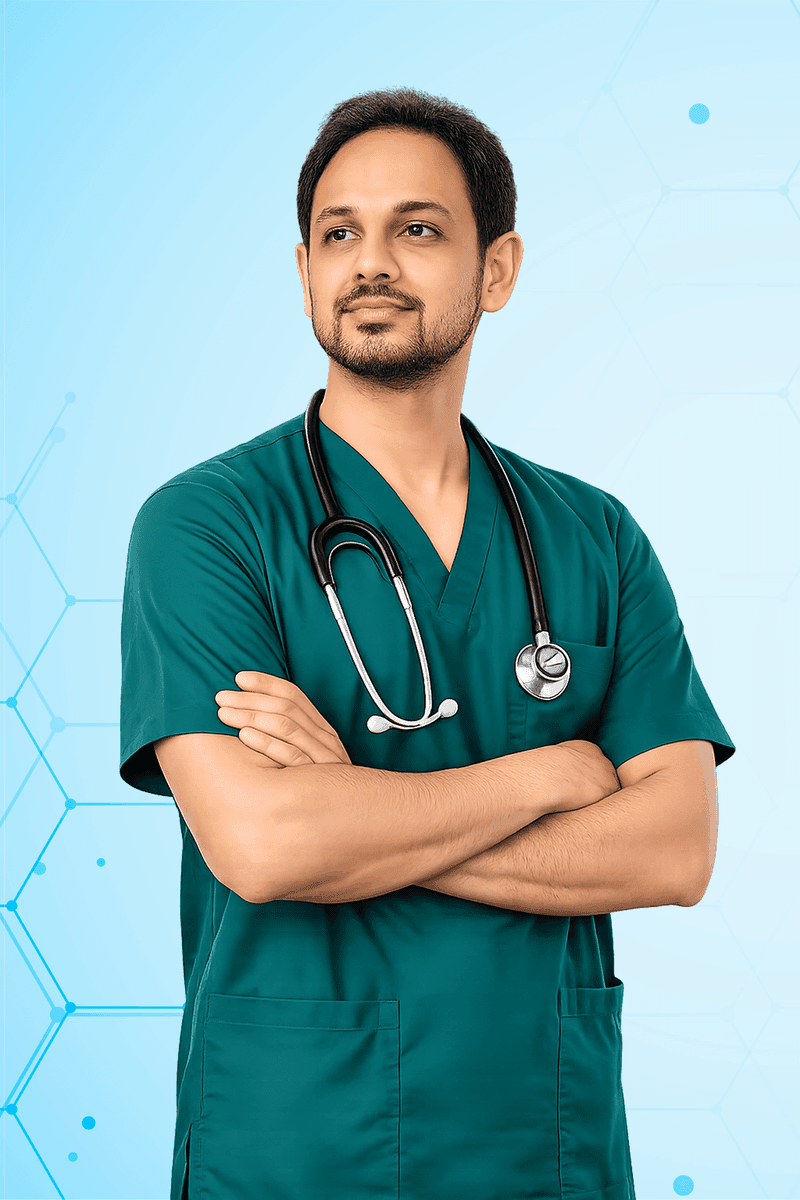 Dr. A. Mohammed Idhrees in surgical scrubs at the hospital